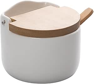 LYOR - Saleiro de Mesa de Cerâmica com Tampa de Bambu e Colher Branco 10cm x 9,5cm