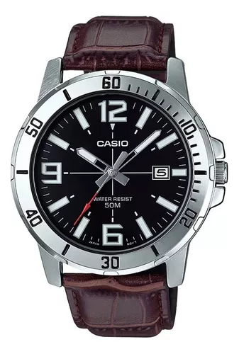 Relógio Casio Masculino Collection Couro Mtp-vd01l-1bvudf Correia Marrom Bisel Prateado Fundo Preto
