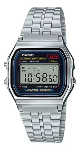 Relógio de pulso Casio Vintage A159 com corpo prateado, digital, para sem gênero, fundo preto, com correia de aço inoxidável cor prateado, subdials de cor preto, ponteiro de minutos/segundos preto, bisel cor prateado e fivela de gancho