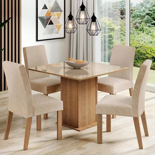 Sala De Jantar Estofada Madesa Evelin Mesa Tampo Vidro Com 4 Cadeiras Cor Rustic/Crema/Imperial MDJA0401037GSIM