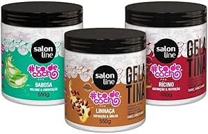Salon Line, #TodeCacho, Kit com 3 Gelatinas, Babosa, Linhaça e Óleo de Rícino, Vegano - Para Cabelos Ondulados, Cacheados e Crespos, 550 g