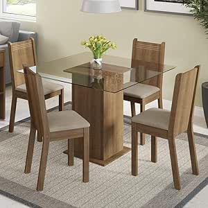 Conjunto Sala de Jantar Madesa Magda Mesa Tampo de Vidro com 4 Cadeiras - Rustic/Pérola