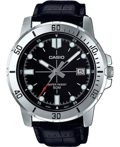 Relógio Casio Masculino Collection Couro Mtp-vd01l-1evudf-br Correia Preto Bisel Prateado Fundo Preto