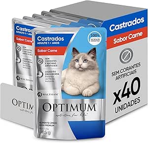 Pack Ração Úmida Optimum Sachê para Gatos Adultos Castrados Sabor Carne 85g - 40 unidadaes