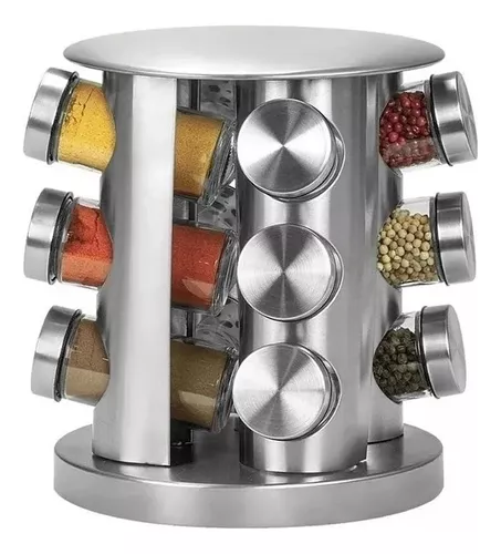 Kit Porta tempero giratório em aço inox 12 potes vidro Futuro Casa FUY428