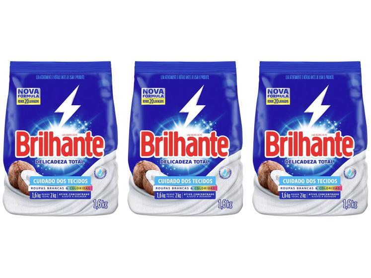 Sabão em Pó Brilhante Delicadeza Total Roupas - Brancas e Coloridas Suave 1,6kg 3 Unidades