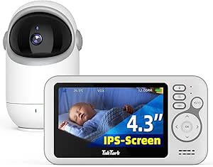 TakTark Babá Eletrônica Câmera, 4.3" Monitores de Câmara de Vídeo, Pan & Tilt, 2 Way Audio, Visão Nocturna, Zoom Digital, Decoração Sonora VOX, Ideal para Novos Pais