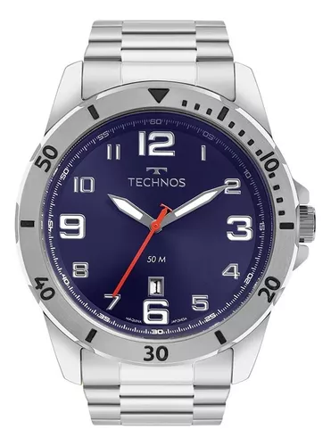 Relógio Masculino Technos Prata Performance Militar Fundo Azul