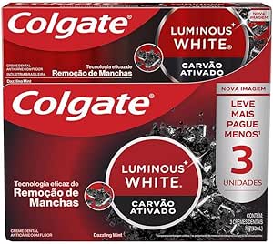 Colgate Creme Dental Clareador Luminous White Carvão Ativado 70G 3 Unidades