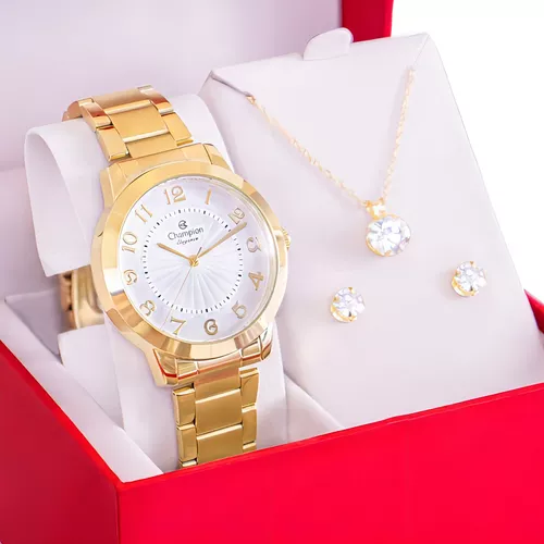Relógio Feminino Champion CN25118W Fundo Branco + Kit Colar e Brincos