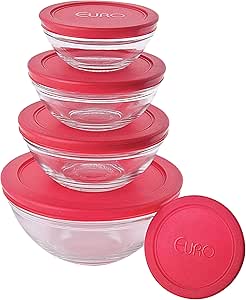 Euro - Conjunto de Potes de Vidro Redondos com Tampa Plástica, Vermelho, 5 Peças