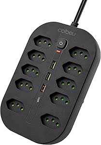 Extensão Tomada, Régua Tomada, Régua de Energia, 10 Tomadas, 3 Interfaces USB, 1 Porta USB Tipo-C, Cabo de Alimentação de 1,9 metros, Suporte a Tensão de 110-220V, Potência de 2500W, Preto
