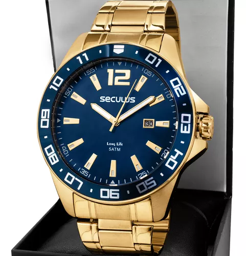 Relógio Masculino Casual Em Aço Dourado 20809gpsvda2 Seculus