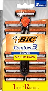 BIC Comfort 3 barbeadores descartáveis de três lâminas recarregáveis para homens, pele sensível para um barbear confortável, 1 cabo e 12 cartuchos com 3 lâminas, kit de 13 peças