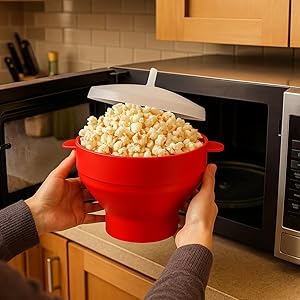 Pipoqueira de Silicone para Microondas Pipoca Dobrável Sem Óleo Com Tampa BPA Free Lavável Balde Antiaderente - AM IMPORT