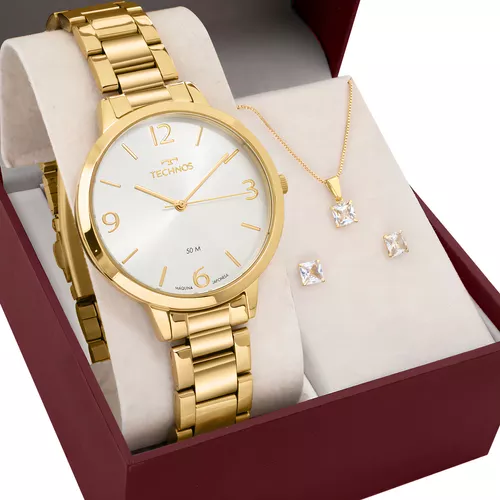Relógio Feminino Technos Dourado Luxo Com Semi Joia Colar E Brincos 2035nbc/k1k