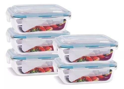 Conjunto 5 Potes Vidro Hermético Marmita Mantimentos 640ml