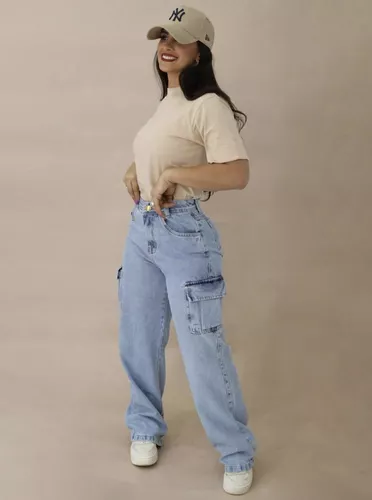 Calça Jeans Feminina Cargo Levanta Bumbum Cintura Alta
