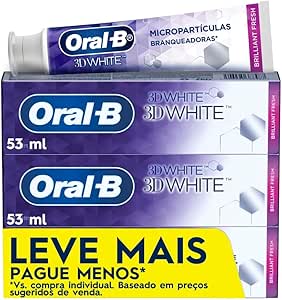 Oral-B Creme Dental 3D White Brilliant Fresh, Clareador Avançado com Micropartículas Clareadoras, 53 ml, 3 Unidades