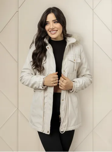 Casaco Feminino Parka De Sarja Sobretudo Forrado Com Pelúcia