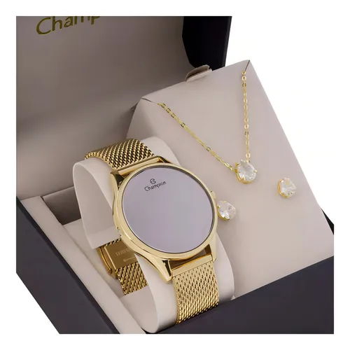 Relógio Feminino Champion Digital Dourado Pulseira Mesh Cor da correia Dourado 3 Cor do fundo Preto