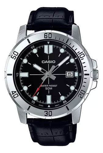 Relógio Casio Masculino Collection Couro Mtp-vd01l-1evudf-br Correia Preto Bisel Prateado Fundo Preto