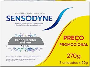 Sensodyne Creme Dental Branqueador Extra Fresh com Flúor, Anti Tártaro, Proteção Diária Contra Sensibilidade, Dentes Fortes e Gengivas Saudáveis, Leve 3 e Pague 2, 90g cada