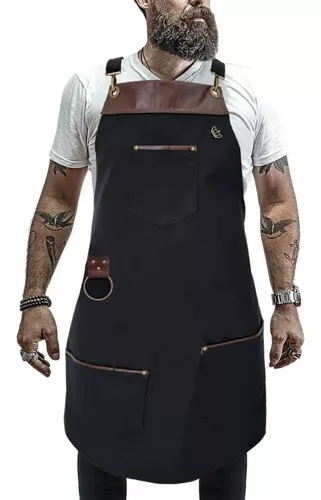 Avental Cozinheiro Churrasqueiro Restaurante Barista Couro Cor Preto Desenho Do Tecido Tecido E Couro Legítimo