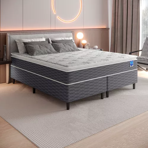 Cama Box Queen Cinza E Colchão Queen Molas Ensacadas Individualmente Bertha 158x198x64 Umaflex