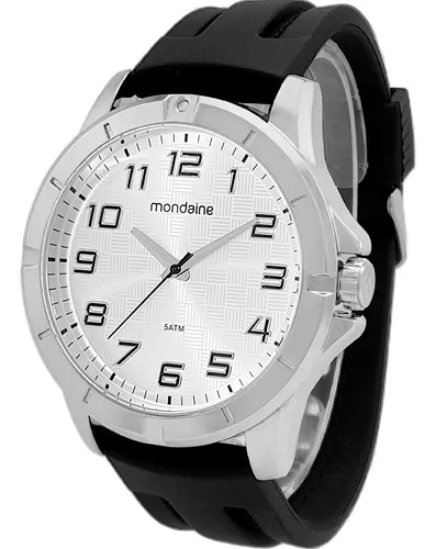 Relógio De Pulso Mondaine Com Corria De Silicone Cor Preto - Fondo Branco - Bisel Prateado