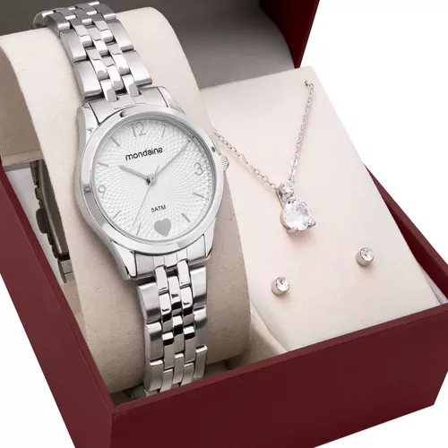 Relógio Mondaine Feminino Prata Analógico Correia Prateado Bisel Preteado Fundo Branco