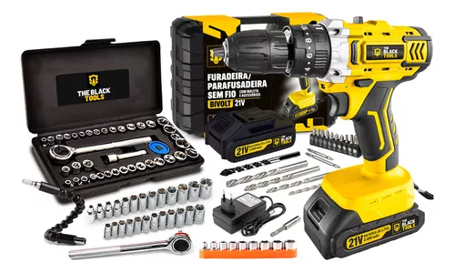 Furadeira Parafusadeira De Impacto 2 Baterias 21v 3/8 Tb-21pkx Com Jogo De Soquetes 40 Peças The Black Tools