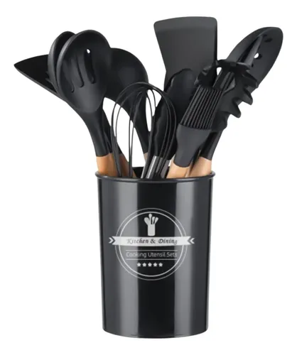 Kit 12 Utensílios De Cozinha Em Silicone E Cabo De Madeira