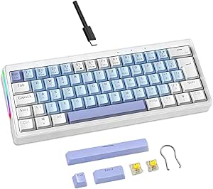 Mini Teclado Mecânico Formato 60% com Fio, Teclas Removíveis, Retroiluminação RGB, 61 Teclas para Jogospara Windows, laptop, PC, Mac - (Azul e Branco-switch amarelo)