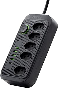 Extensão Tomada, Régua Tomada, Régua de Energia, 5 Tomadas, 4 Interfaces USB, 1 Porta USB Tipo-C, Cabo de Alimentação de 5 metros, Suporte a Tensão de 110-220V, Potência de 2500W, Preto