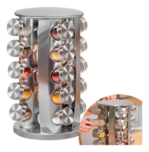 Porta Tempero Inox 20 Potes Suporte Giratório Rd+etiquetas