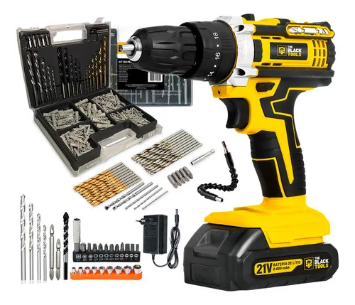Parafusadeira Furadeira De Impacto Profissional 21v Tb21pw Com Kit Brocas E Buchas 300 Peças The Black Tools