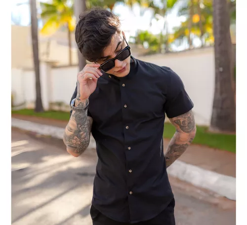 Camisa Social Masculina Manga Curta Gola Padre Slim Premium
